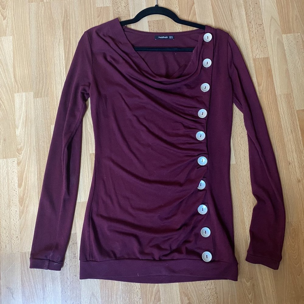 Patty Boutik Rouched Button Top Size Small maroon cowl neck